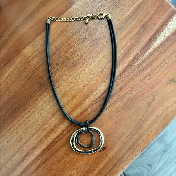 Two Tone Gold Bronze Rings Pendant Necklace Black Leather Cord Adjustable - Picture 8 of 8